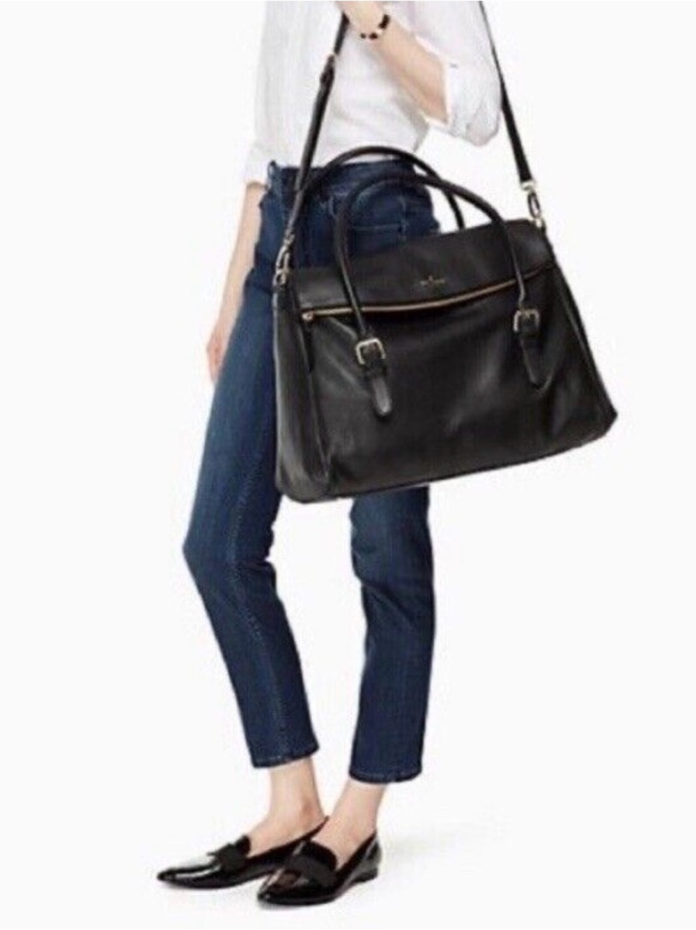 Kate Spade weekender Structured Black Leather Tote Bag with Adjustable Strap